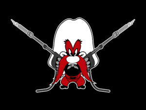 Small mascot with red mustache and white cowboy hat holding two power washing wands (one in each hand) forming an x shape.