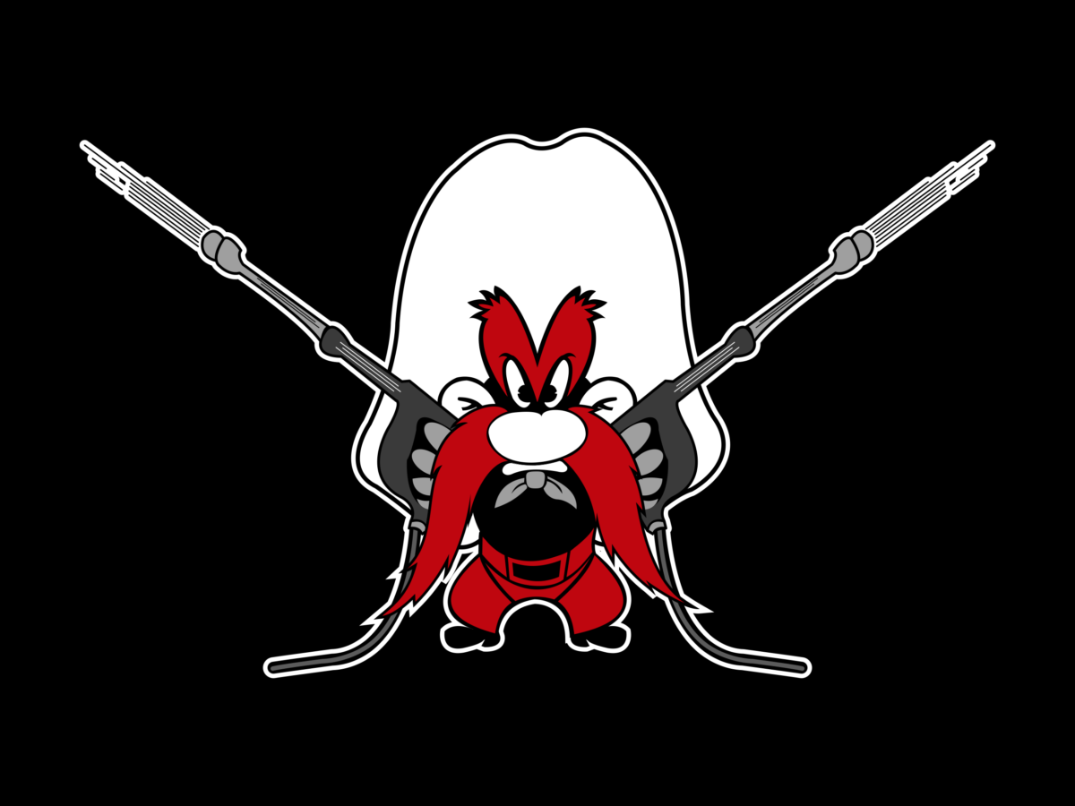 Small mascot with red mustache and white cowboy hat holding two power washing wands (one in each hand) forming an x shape.